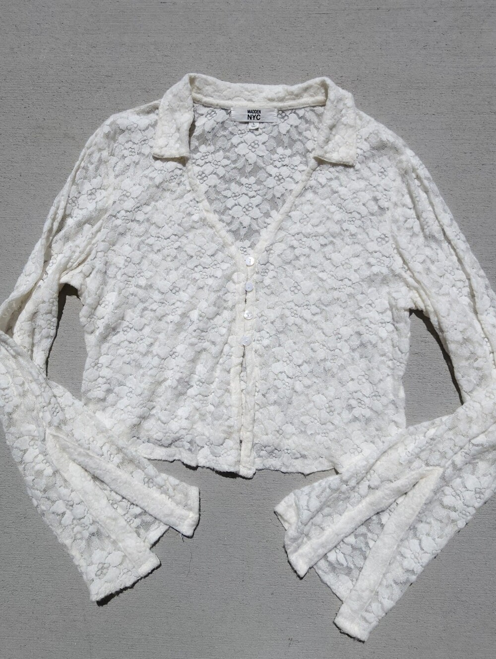 Womens JR Madden NYC Collared Ivory Lace Long Sleeve Cropped Top Size Large Boho